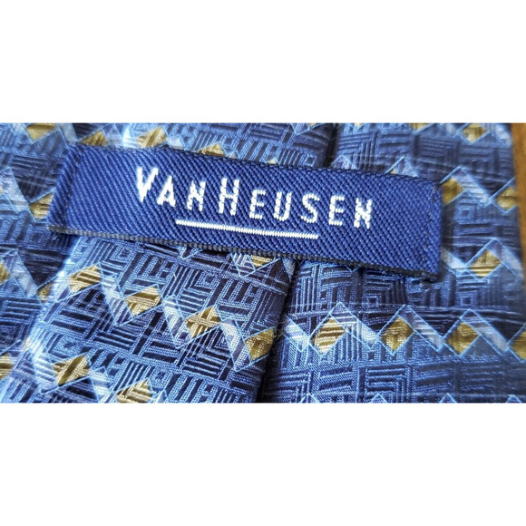 Van Heusen Blue and Gold Geometric Silk 4" X 60" Necktie Tie - Picture 3 of 7